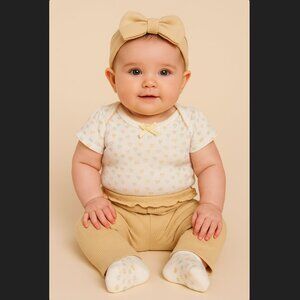 Tahari Baby Outfit 3-6M 4PC Yellow Eyelet Heart Bodysuit Pant Bow Headband Socks